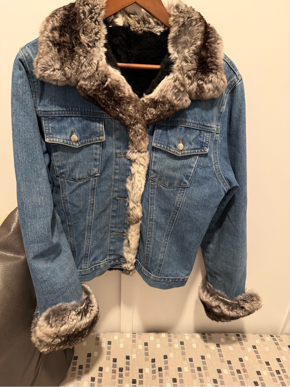 Faux Fur Trim Denim Jacket - Blue with Brown Trim